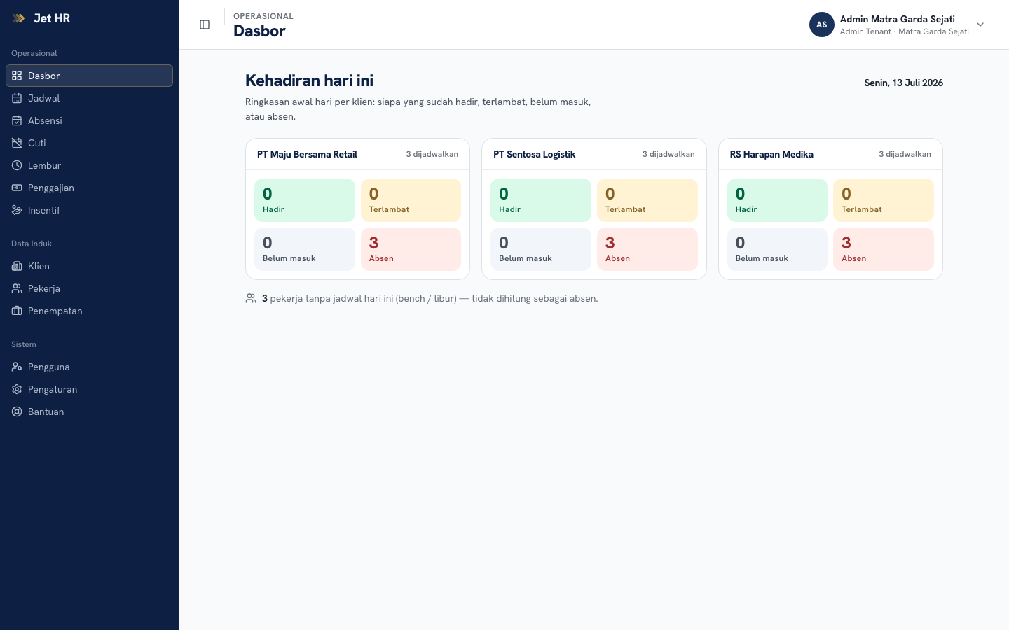 Sidebar Jet HR dengan tiga kelompok menu
